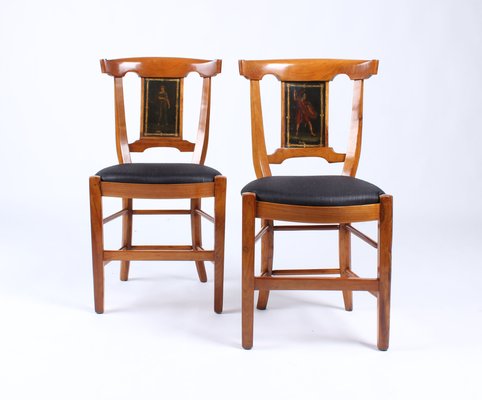 Antique French Cherry Dining Chairs with Greek Painting, 1800s, Set of 4-ZLE-861592