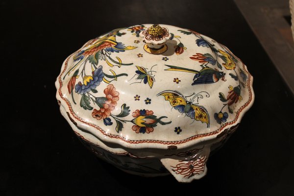 Antique French Faience Lidded Bowl Tureen Hand Painted with Flowers and Insects-AXE-1433368