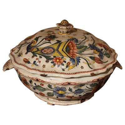 Antique French Faience Lidded Bowl Tureen Hand Painted with Flowers and Insects-AXE-1433368