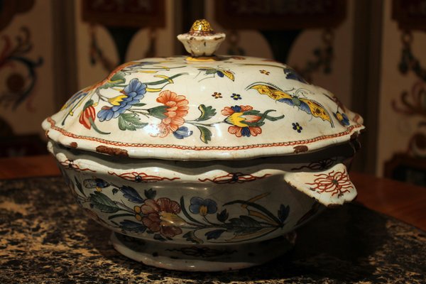 Antique French Faience Lidded Bowl Tureen Hand Painted with Flowers and Insects-AXE-1433368