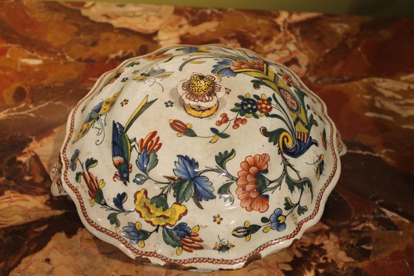 Antique French Faience Lidded Bowl Tureen Hand Painted with Flowers and Insects-AXE-1433368