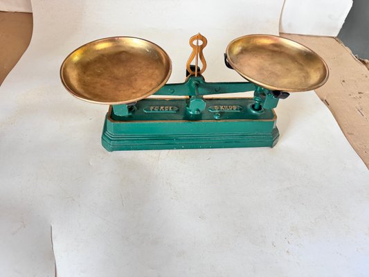 Antique French Green and Gold Wrought Iron and Brass Scale, 19th Century-UR-1806483