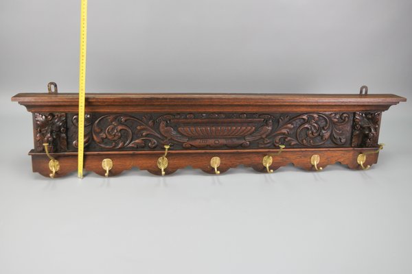 Antique French Hand-Carved Oak and Brass Wall Coat Rack with Lion Heads, 1900s-KEG-1174194