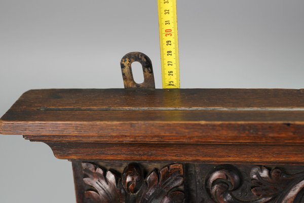 Antique French Hand-Carved Oak and Brass Wall Coat Rack with Lion Heads, 1900s-KEG-1174194