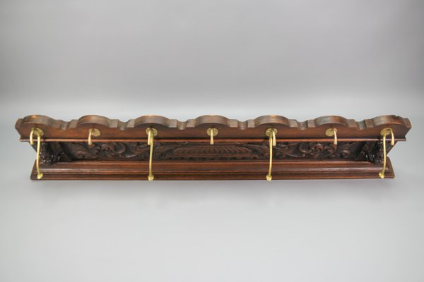 Antique French Hand-Carved Oak and Brass Wall Coat Rack with Lion Heads, 1900s-KEG-1174194