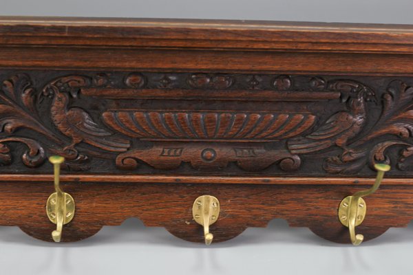 Antique French Hand-Carved Oak and Brass Wall Coat Rack with Lion Heads, 1900s-KEG-1174194