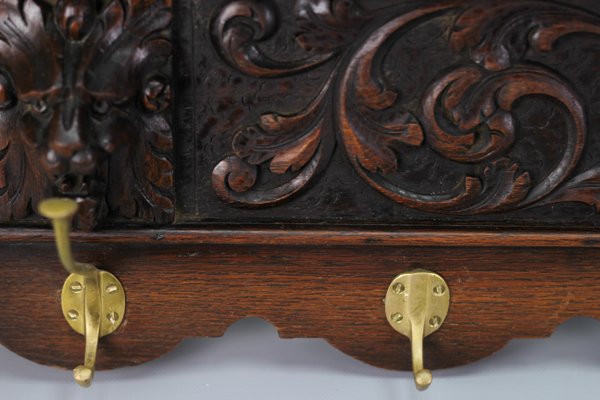 Antique French Hand-Carved Oak and Brass Wall Coat Rack with Lion Heads, 1900s-KEG-1174194