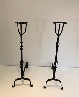 Antique French Landiers in Wrought Iron, Set of 2-BA-767513