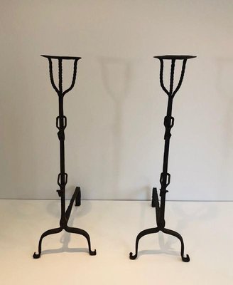 Antique French Landiers in Wrought Iron, Set of 2-BA-767513