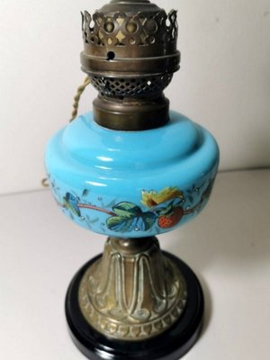 Antique French Light Blue Opaline Glass, Ceramic, and Brass Table Lamp-QRS-578583