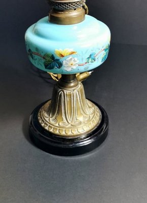 Antique French Light Blue Opaline Glass, Ceramic, and Brass Table Lamp-QRS-578583