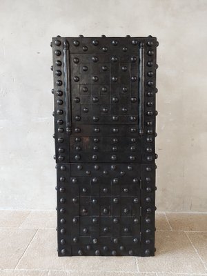 Antique French Wrought Iron Over Wood Hobnail Safe-TDA-1720081