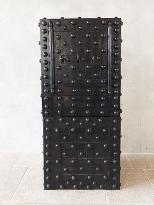 Antique French Wrought Iron Over Wood Hobnail Safe-TDA-1720081