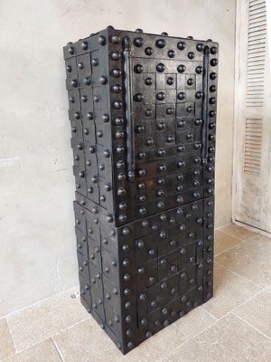 Antique French Wrought Iron Over Wood Hobnail Safe-TDA-1720081