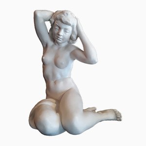 Antique German Hand-Painted Porcelain Seated Female Nude Figurine by Karl Tutter for Hutschenreuther, 1940s-HOI-713472