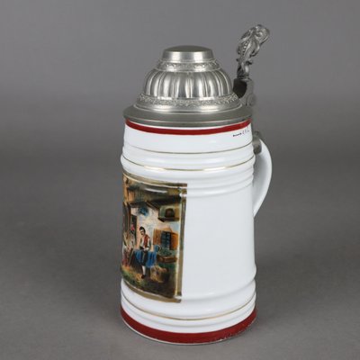 Antique German Porcelain Beer Mug Stein with Lithophane, The Poacher, 1880s-AX-843351