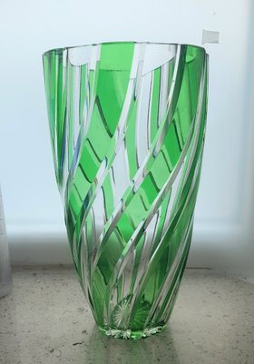 Antique Green Clear Crystal Cut Glass Vase by Joh. Oertel-QDP-1245062