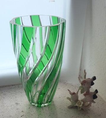 Antique Green Clear Crystal Cut Glass Vase by Joh. Oertel-QDP-1245062