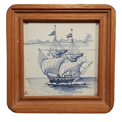 Antique Hand Painted Framed Ship Tile-TCS-1315185