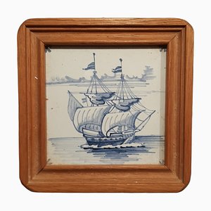 Antique Hand Painted Framed Ship Tile-TCS-1315185