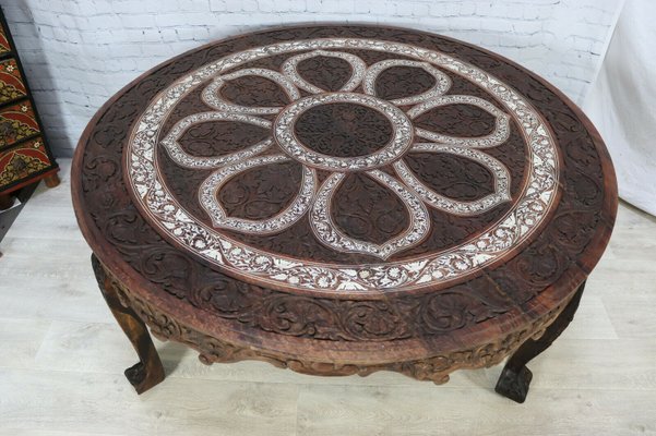 Antique Indian Anglo Wood Hand-Carved Round Dining Table, 1890s-UZN-2027863