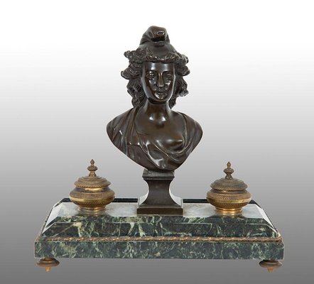 Antique Inkwell in Burnished Bronze and Green Alps Marble, France, 19th Century-KKK-1448623