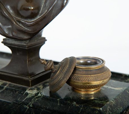 Antique Inkwell in Burnished Bronze and Green Alps Marble, France, 19th Century-KKK-1448623