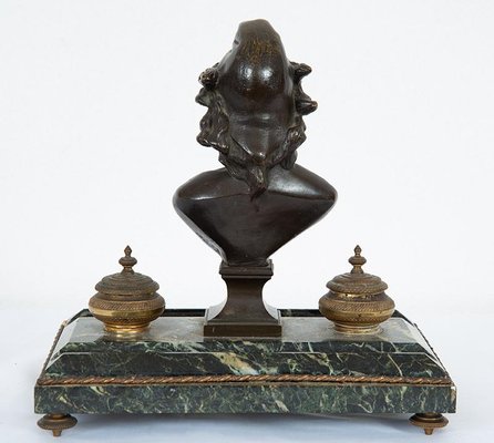 Antique Inkwell in Burnished Bronze and Green Alps Marble, France, 19th Century-KKK-1448623