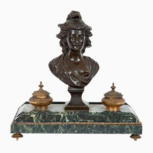 Antique Inkwell in Burnished Bronze and Green Alps Marble, France, 19th Century-KKK-1448623