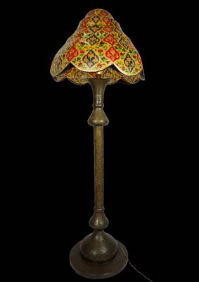 Antique Islamic Syrien Brass Floor Lamp with Hand Painted Camel Skin Leather Lampshade, 1930s-UZN-1433722