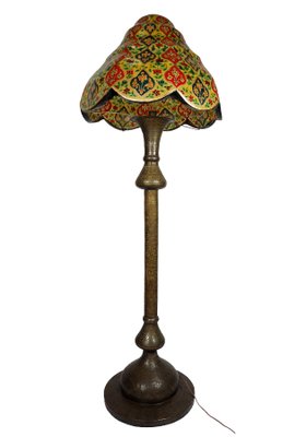 Antique Islamic Syrien Brass Floor Lamp with Hand Painted Camel Skin Leather Lampshade, 1930s-UZN-1433722