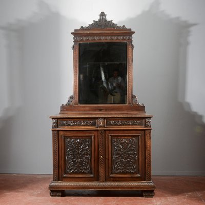 Antique Italian Credenza with Mirror in Carved Walnut, 1800s-RAQ-2016959