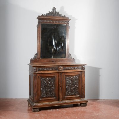 Antique Italian Credenza with Mirror in Carved Walnut, 1800s-RAQ-2016959