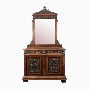 Antique Italian Credenza with Mirror in Carved Walnut, 1800s-RAQ-2016959