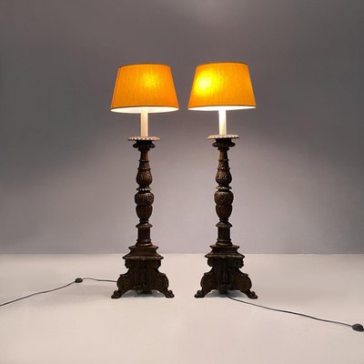 Antique Italian Floor Lamps in Carved Wood and Yellow Fabric, 1500, Set of 2-GDD-2034364