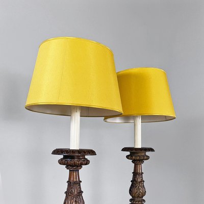 Antique Italian Floor Lamps in Carved Wood and Yellow Fabric, 1500, Set of 2-GDD-2034364