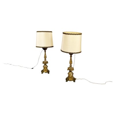 Antique Italian Gold Painted Wood and Beige Fabric Table Lamps, 1800s, Set of 2-GDD-1361657