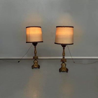 Antique Italian Gold Painted Wood and Beige Fabric Table Lamps, 1800s, Set of 2-GDD-1361657