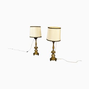 Antique Italian Gold Painted Wood and Beige Fabric Table Lamps, 1800s, Set of 2-GDD-1361657