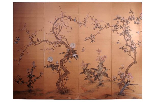 Antique Japanese Painted Silk Panel with Flowers and Birds Decor, 1900s-CEJ-626748