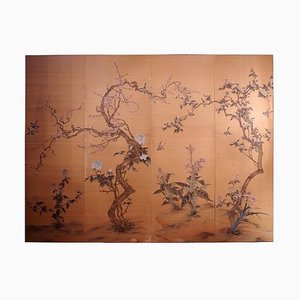 Antique Japanese Painted Silk Panel with Flowers and Birds Decor, 1900s-CEJ-626748