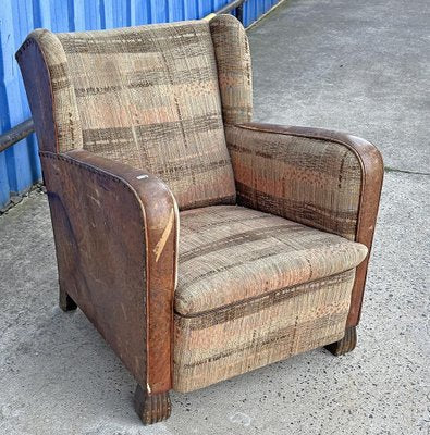 Antique Leather and Fabric Armchair with Ears, 1920s-XSL-2043379