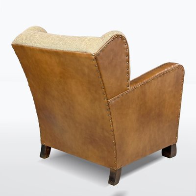 Antique Leather and Fabric Armchair with Ears, 1920s-XSL-2043379