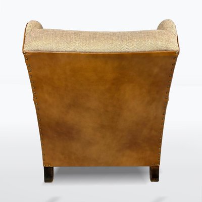 Antique Leather and Fabric Armchair with Ears, 1920s-XSL-2043379