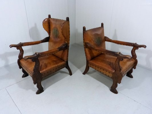 Antique Leather Armchairs with Carps Print, 1890s, Set of 2-TU-1709109