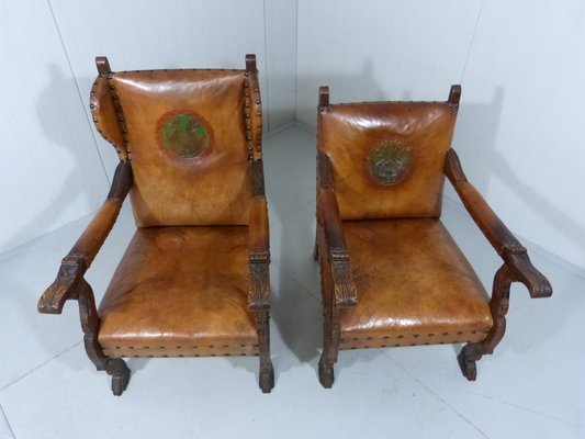 Antique Leather Armchairs with Carps Print, 1890s, Set of 2-TU-1709109