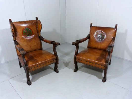 Antique Leather Armchairs with Carps Print, 1890s, Set of 2-TU-1709109