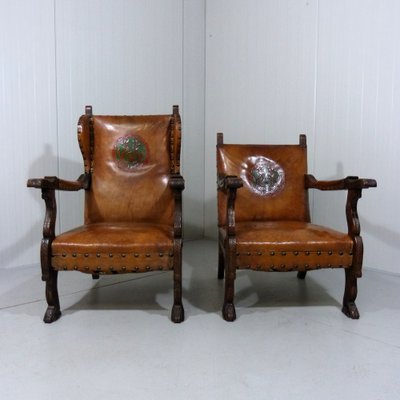 Antique Leather Armchairs with Carps Print, 1890s, Set of 2-TU-1709109