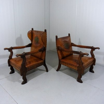 Antique Leather Armchairs with Carps Print, 1890s, Set of 2-TU-1709109