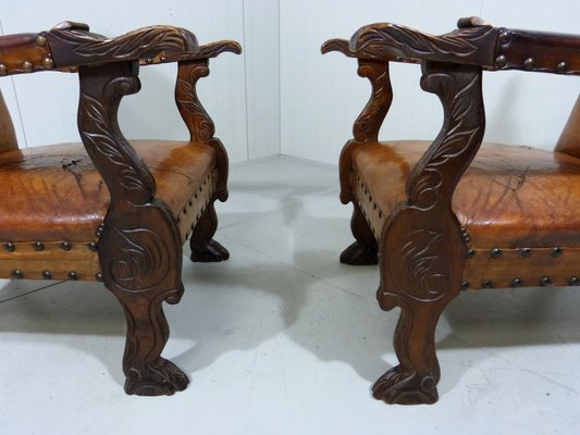 Antique Leather Armchairs with Carps Print, 1890s, Set of 2-TU-1709109